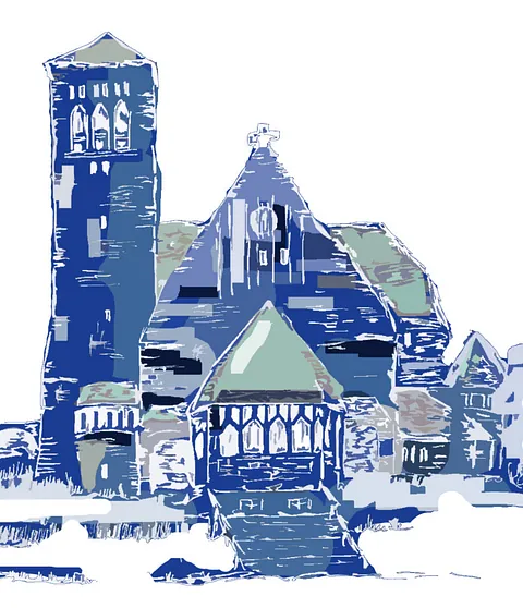 Schraffur der Lutherkirche in Blau und Weiß